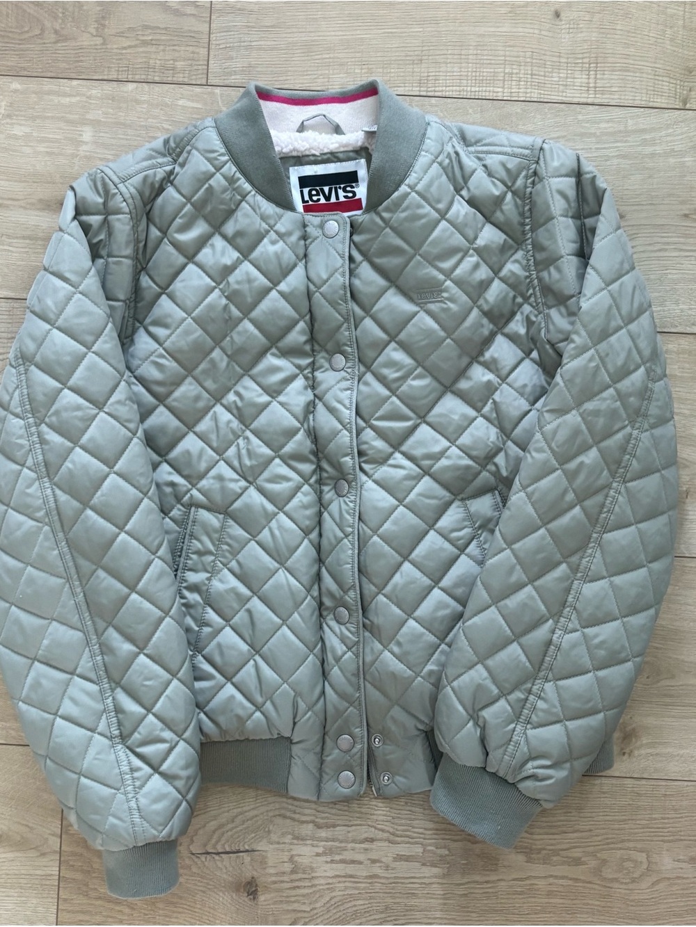 Levi's Quilted Bomber Jacket in Sage with Pink Trim Fleece Lined Green Coat